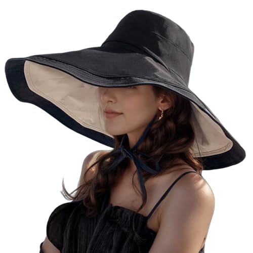 Wide Brim Sun Hats for Women UV Protection Reversible Bucket Hat Foldable Beach Hats Summer Hat for Garden Travel - color: Black Khaki