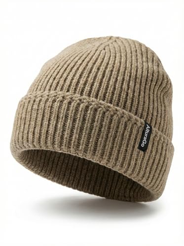 Beanie for Men Women Unisex Winter Hat Cuffed Thick Chunky Knitted Beanies Skull Cap - color: Khaki