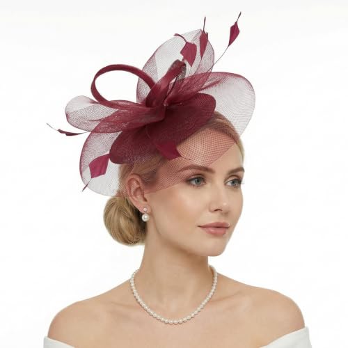 tiggell Fascinators Tea Party Hat for Women, Fascinator with Pillbox Hat - color: Wine Red