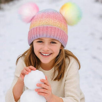 Girls Rainbow Pom Pom Beanies Hats Winter Knit Fleece Lined Beanie Hat for Kids Outdoor Snow Ski Skull Cap Age 7-12 - color: Pompom-multi Rainbow(fleece Lined)