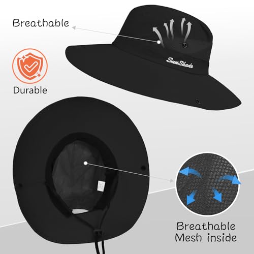 ZOORON Women's Ponytail Safari Sun Hat,Wide Brim UV Protection Bucket Hat - color: 1-black
