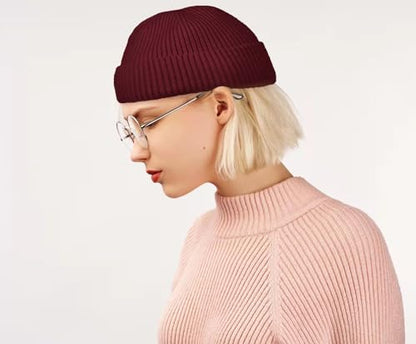 ROYBENS Short Wool Fisherman Beanie for Men Women Knit Fleece Lined Beanies - color: 2pcs-black+wine Red