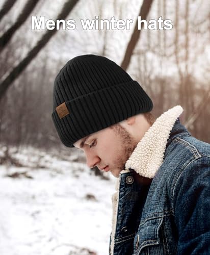 ZTL Merino Wool Beanie Hat for Men Women, Thick Warm Fleece Lined Knit Winter Hats Cuffed Beanie Stocking Hat Ski Skull Cap - color: Black