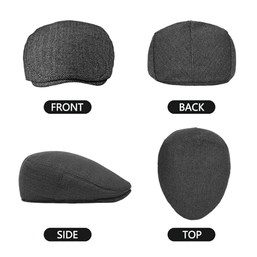 meioro Herringbone Flat Ivy Newsboy Cap for Men Classic Tweed Newsboy Hat Wool Blend Flat Cap Gatsby Cabbie Hats Ivy Caps - color: Dark Grey
