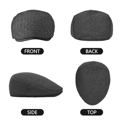 meioro Herringbone Flat Ivy Newsboy Cap for Men Classic Tweed Newsboy Hat Wool Blend Flat Cap Gatsby Cabbie Hats Ivy Caps - color: Dark Grey