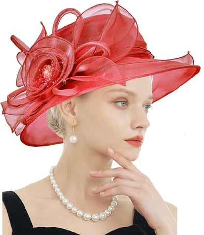 Women's Kentucky Derby Church Dress Hat Wide Brim Leaf Flower Bridal Shower Hat - color: F3 Wine
