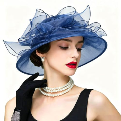 Women's Kentucky Derby Church Dress Hat Wide Brim Leaf Flower Bridal Shower Hat - color: S10 Navy