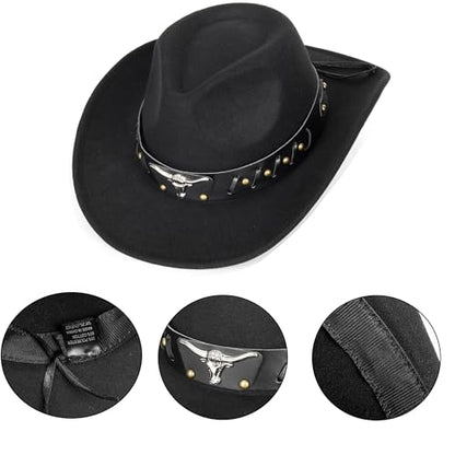 Western Cowboy Hat for Men Women Classic Fedora Cowgirl Hats Buckle Belt - color: Bull-head Cowboy Hat