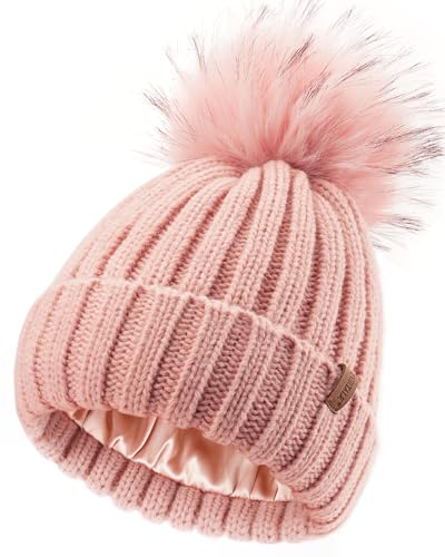 FURTALK Toddler Beanie Satin Lined Baby Boys Girls Winter Hats Pom Pom Beanies for Kids - color: Tender Pink, size: 3-24 Months