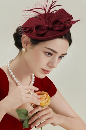 BABEYOND Fascinators Hats for Women Tea Party Pillbox Sinamay Derby Hat - color: Burgundy