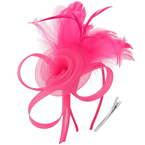 DRESHOW Fascinators Hats for Women Tulle Feather Tea Party Fascinator Hats - color: Fuschia