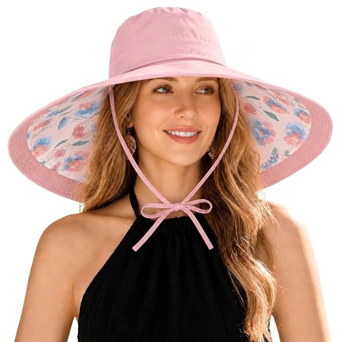 Wide Brim Sun Hat for Women Reversible Beach Hats Metal Wired Edge Gardening Hats, UPF 50+ Bucket Summer Hat - color: Pink