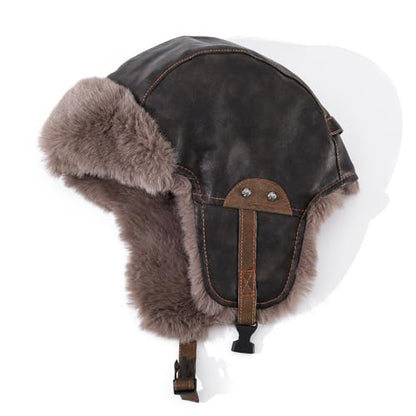 Faux Fur Trapper Hat Womens Winter Hats with Ear Flaps Leather Ushanka Russian Hat for Men Cossack Hunter Ski Caps - color: Mg-lfm25119-dark Coffee
