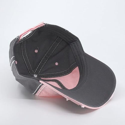 Washed Cotton Distressed with Heavy Stitching Adjustable Baseball Cap - color: Charcoal Gray/Pink/Charcoal Gray