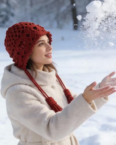 MINGSEECESS Women Girls Knitted Beanie Hat Crochet Braided Knit Warmer Cap Skiing Snowboarding Ear Flap Hats - color: Knitted-red