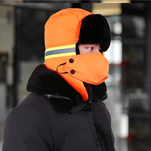Mens Winter Thermal Trapper Hat Russian Ushanka Ski Hunting Dad Cap Ear Flaps Motorcycle Cycling Mask Women Warm Fur Snow Hat - color: 3-in-1 Orange, With Reflective Strip