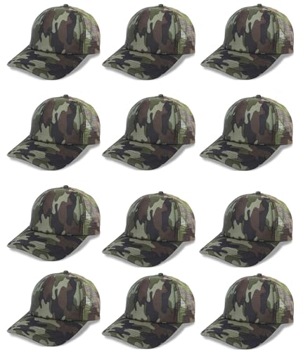 12 Pcs Sublimation Blank Trucker Hats Bulk Mesh Snapback Baseball Cap Mesh Trucker Caps for Men and Women DIY Custom Hats - color: Camouflage