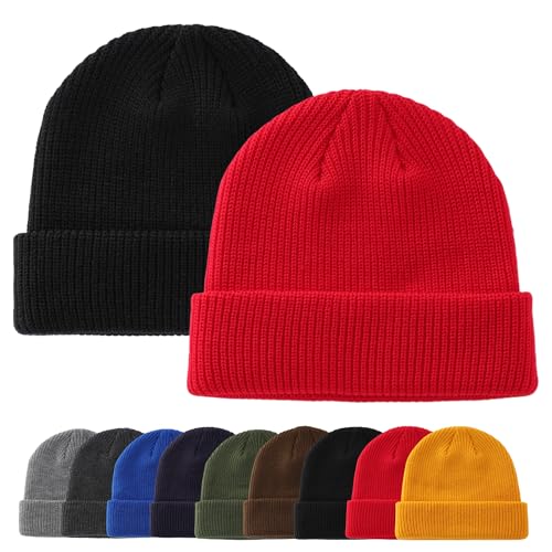 Connectyle 2 Pack Classic Cuffed Beanie Hat for Men & Women Warm Winter Knit Hat Thick Beanies Skull Cap Acrylic Watch Cap - color: Black+red