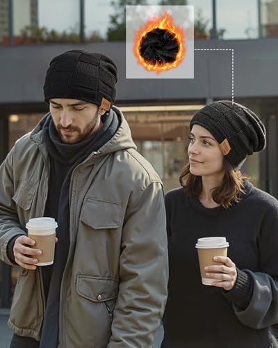 Senker Fashion 2 Pcs Winter Slouchy Beanie Hats for Men, Warm Mens Beanies - color: Black Dark Black