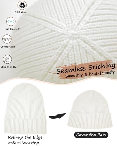 Wool Beanie for Men Women, Seamless Knit Cuffed Warm Winter Hats - color: 1pcs-white