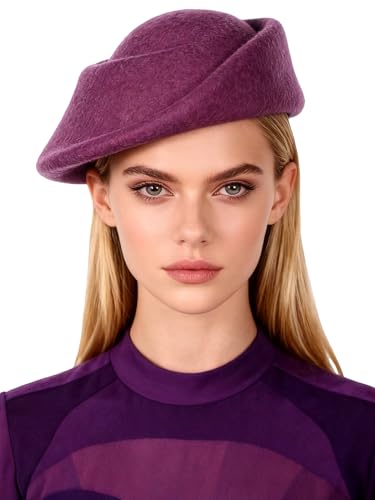 Small Top Hats for Women Elegant Winter Vintage Beret Wool Felt Fedoras Ladies Luxury Wedding and Church Cap Female - color: Purple