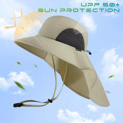 UPF 50+ Foldable Sun Hats Wide Brim with Large Neck Flap for Men Women UV Protection Gardening Fishing Beach Hat - color: Pack of 2, Beige & Green