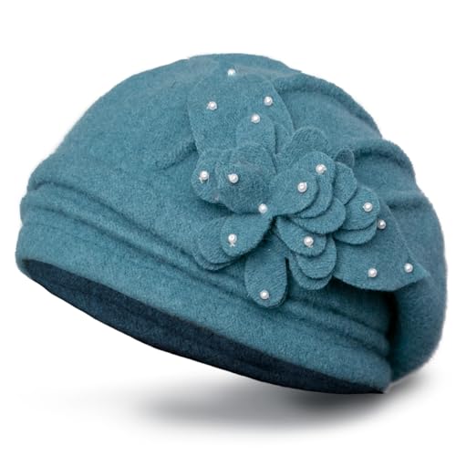 Dahlia Women's Winter Hat - Wool Cloche/Bucket Hat, Slouch, Flower - color: Teal Blue