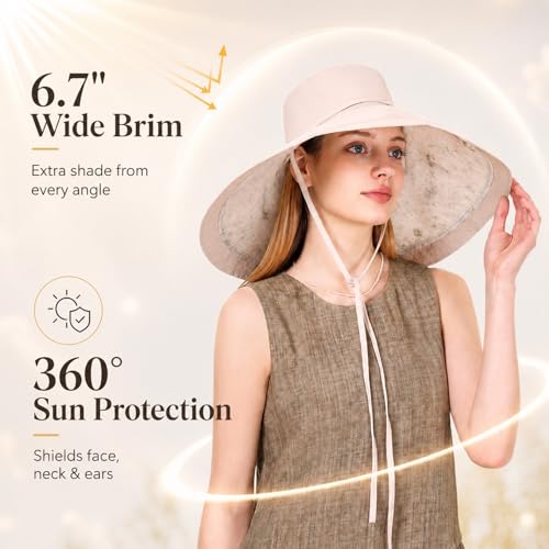 Wide Brim Sun Hat for Women Reversible Beach Hats Metal Wired Edge Gardening Hats, UPF 50+ Bucket Summer Hat - color: Beige Floral