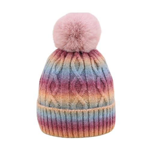 Unisex Colorful Ombre Beanie Winter Cuffed Cable Knitted Hat with Pompom - color: Wine Red