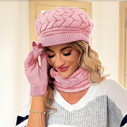 Loritta 3 in 1 Womens Winter Hat Gloves Scarf Set, Warm Hat Mittens - color: Pink