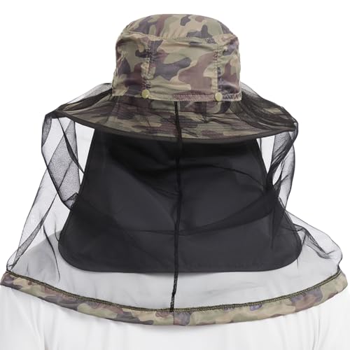 BASSDASH UPF 50+ Mosquito Sun Hat with Hidden Head Net and Neck Flap for Men Women Outdoor Fishing Hiking Camping - color: Earth Camo