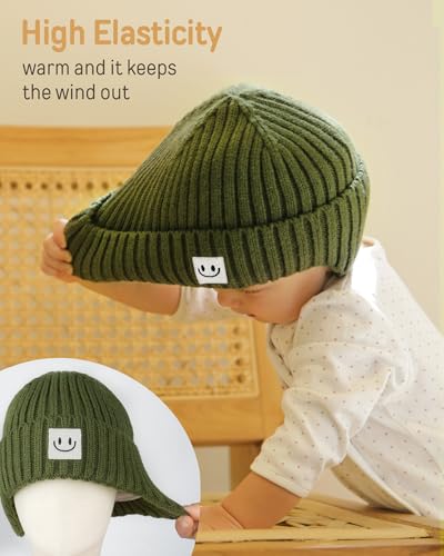 FURTALK Baby Beanie Toddler Winter Warm Hat Infant Soft Fleece Lined with Earflap Cute Knit Kids Caps - color: Grey+green, size: 0-6 Months