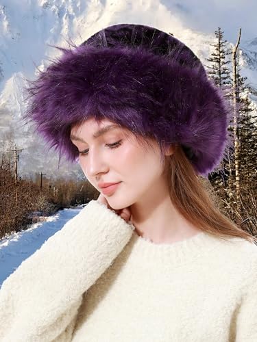 sy soul young Women's Leopard Faux Fur Hats Fluffy Bucket Hat Russian Style - color: Leopard Purple