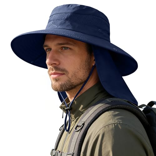Sun Hats for Men Women, UPF 50+ Protection Fishing Hat with Neck Flap - color: Navy