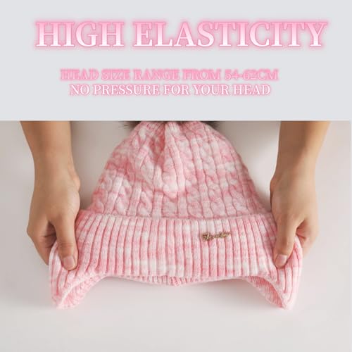 FENELY Women's Knitted Warm Beanie Winter Hat, Warm Chunky Snow Hat with Pompom - color: Pinkspacedye