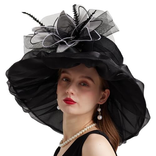 Women Organza Church Derby Hat Wide Brim Sun Caps for Wedding Tea Party Hat with Detachable hat Flower as Headgear - color: 10-black