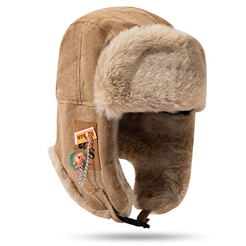 Croogo Trapper Hat Winter Hats for Men Trooper Russian Warm Hat with Ear Flaps Women Ushanka Fur Hat Windproof Ski Hat - color: Pl10-khaki