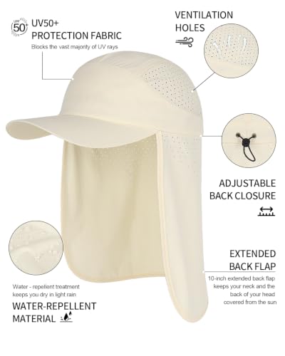 UPF 50+ Baseball Cap with Neck Flap, Breathable Fishing Hat for Men Adjustable Sun Hat for Golf Hiking - color: Beige