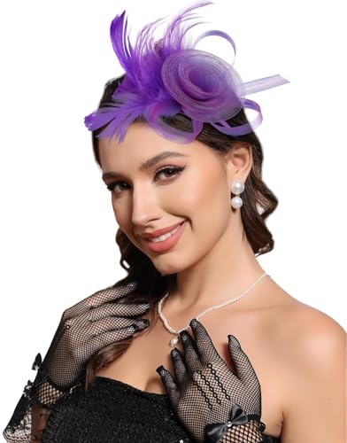 Fascinators Hats for Women Tea Party Headband Cocktail Wedding Headwear Headband for Women and Girls - color: Purple