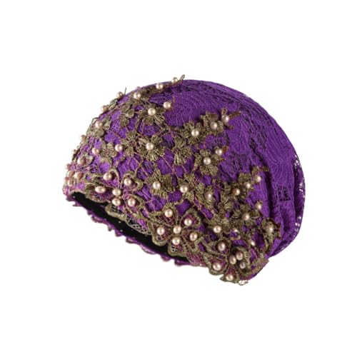 haozaikeji Women Flower Turban Hat Rhinestones Muslim Islamic Head Wrap African Pearl Turban Soft Stretchy Head Cover - color: Purple