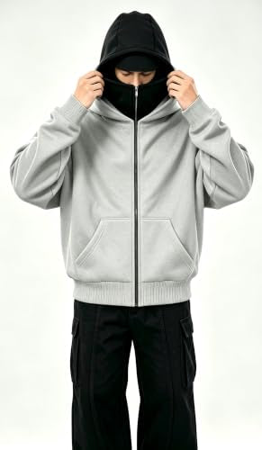 EUDOLAH Balaclava Jacket Zip Up Fashion Double Layer Hoodie Hip Hop Outerwear Jacket Y2K Clothing for Men and Women - color: Light Grey, size: Small