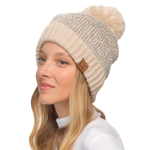 C.C Sequin Pom Beanie for Women - Acrylic Stretchable Soft Warm Knit Winter Skully Hat with Yarn Pom - color: Sequin-beige / Silver