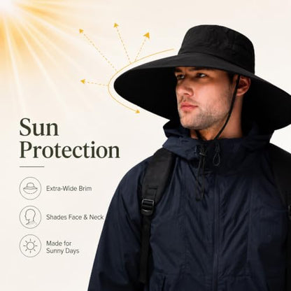 Wide Brim Sun Hat for Men Women UV Protection Bucket Fishing Hats - color: Black Solid