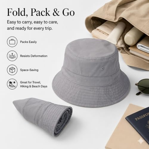 Cotton Bucket Hat Packable Beach Sun Hat for Women Men - color: Lightgray