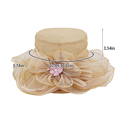 Haoohu Women's Church Derby Hat Wide Brim Bow Bucket Hat Wedding Dress Hat Fascinator Bridal Tea Party Hat - color: D-khaki
