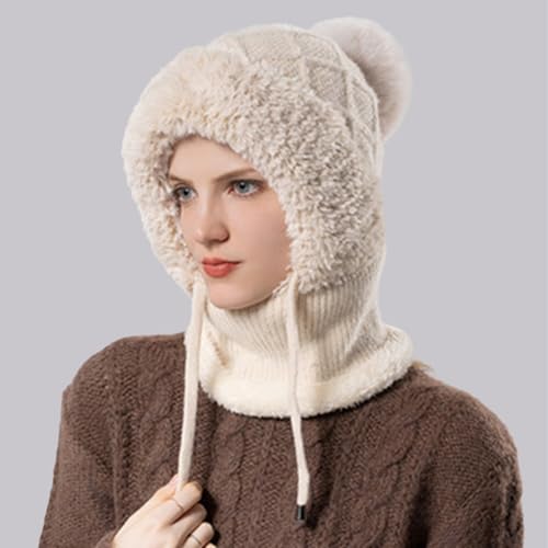 Women’s Knitted Beanie Hat with Face Cover - 3 in 1 Winter Balaclava with Mask Scarf Ear Muffs Pompom Fleece Lined Snow Caps - color: Beige-b