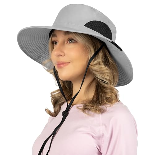 SUN CUBE Wide Brim Sun Hat for Men & Women, UPF 50+ UV Protection, Mesh Boonie Hat with Chin Strap, Fishing Hiking Hat - color: Light Grey