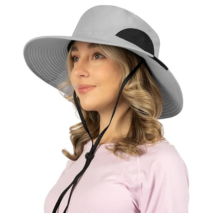 SUN CUBE Wide Brim Sun Hat for Men & Women, UPF 50+ UV Protection, Mesh Boonie Hat with Chin Strap, Fishing Hiking Hat - color: Light Grey