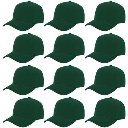 ZH Plain Adjustable Baseball Cap - Lot of 12 Unisex Blank Design Caps - color: Dark Green