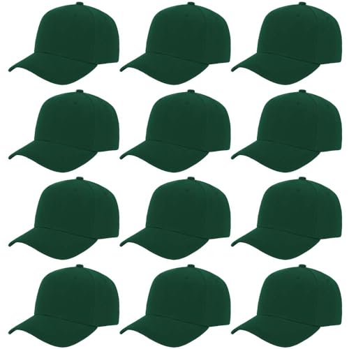 ZH Plain Adjustable Baseball Cap - Lot of 12 Unisex Blank Design Caps - color: Dark Green